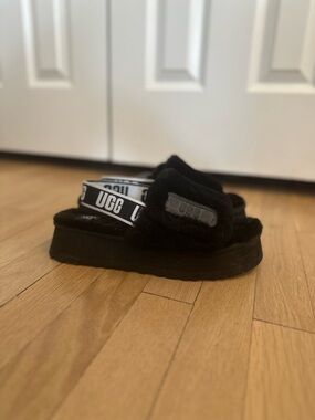 UGG Black Fluff Slide Sandals with Logo Strap faux fur